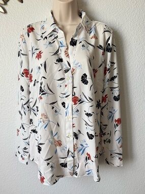 Ann Taylor White Floral Blouse with Blue and Black Accents